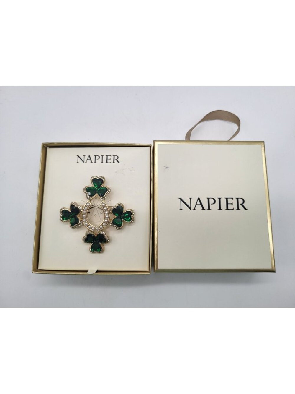 Napier Clover Horseshoe Good Luck Rhinestone Faux Pearl Pin Brooch St. Patty's